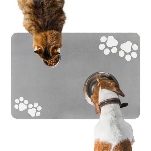 Napfunterlage Hund Futtermatte Katzen 60x40 cm: Fressnapf Unterlage groß rutschfest | Super saugfähig und schnell trocknend | Wassernapf Matte Fütterung Matte (Hellgrau) von ZOKBOM