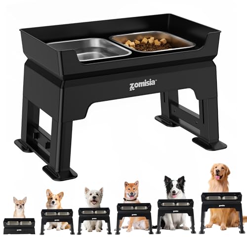 ZOMISIA 3-in-1 Erhöhte Hundeschälen Dual Level - Mess Free Dog Feeding Station 6,7" bis 15,9", 6 Höhenverstellbar, einschließlich 2 Edelstahlschalen, Slow Feeder & Lick Plate von ZOMISIA