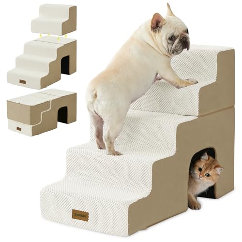 ZOMISIA Hundetreppe für hohe Betten - 5 Stufen Haustiertreppe mit Tunnel 2 in 1 mit Reißverschlüssen Geeignet für kleine Hunde und Katzen, Indoor Katzenleiter mit rutschfester Unterseite, Beige ZOMISIA Hundetreppe für hohe Betten - 5 Stufen Haustiertreppe mit Tunnel 2 in 1 mit Reißverschlüssen Geeignet für kleine Hunde und Katzen, Indoor Katzenleiter mit rutschfester Unterseite, Beige von ZOMISIA