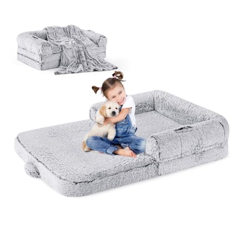ZOMISIA Menschliches Hundebett für Kinder, 2-in-1 faltbares XL-Bett für Menschen, passend für Haustierfamilien, orthopädisches, beruhigendes Memory-Schaum-Hundesofa, Kunstfell-Haustierbett mit Decke von ZOMISIA