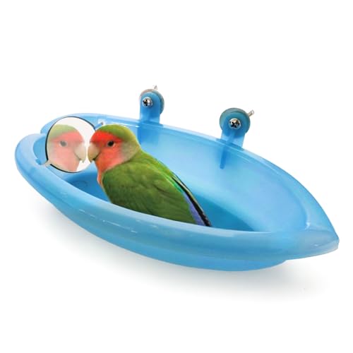 ZONADAH Vogelbad für Käfig, Vogelbadewanne, Schüssel, Becken mit Spiegel, Vogelfutterspender, Duschwanne, Haustier-Wasserdusche für kleine Vögel, Papageien, Wellensittiche, Käfigzubehör, Blau von ZONADAH