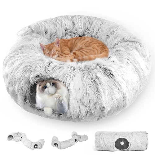 ZONJIE Katzentunnel – XXL Plüsch-Donut für große Katzen, 85 x 26 cm, rutschfestes, weiches Katzenbett mit Matte, Faltbarer Höhlen-Donut mit Spielball (Grau) von ZONJIE