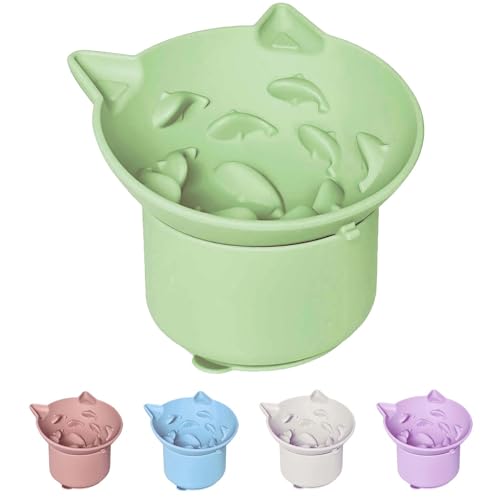 ZOURYNUA Silikon Slow Feeder Katzennapf, Erhöhte Katze Slow Feeder mit Saugnäpfen, Multi-Winkel-Neigungsdesign, kein schwarzes Kinn, geeignet für trockenes Nassfutter (Hellgrün) von ZOURYNUA