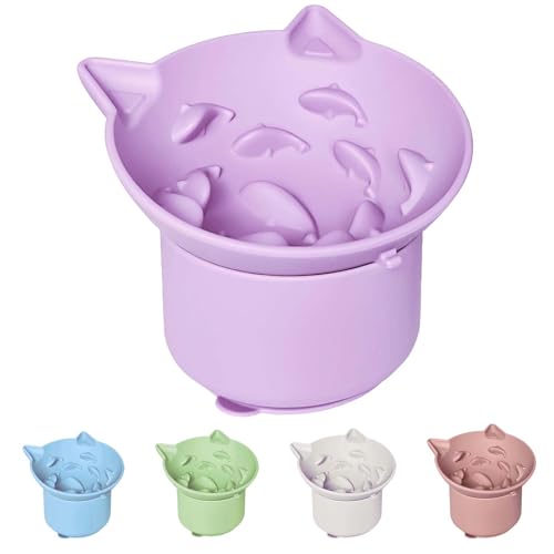 ZOURYNUA Silikon Slow Feeder Katzennapf, Erhöhte Katze Slow Feeder mit Saugnäpfen, Multi-Winkel-Neigungsdesign, kein schwarzes Kinn, geeignet für trockenes Nassfutter (Lila) von ZOURYNUA
