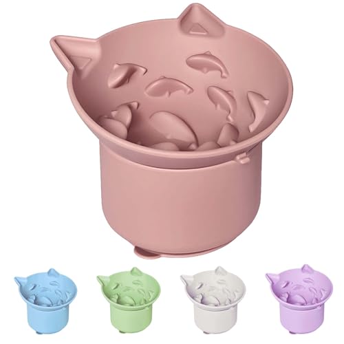 ZOURYNUA Silikon Slow Feeder Katzennapf, Erhöhte Katze Slow Feeder mit Saugnäpfen, Multi-Winkel-Neigungsdesign, kein schwarzes Kinn, geeignet für trockenes Nassfutter (Rosa) von ZOURYNUA