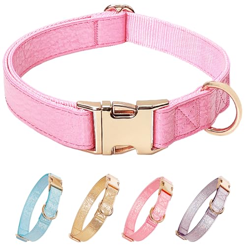 Glare Hundehalsband aus Leder und Nylon, doppellagig, verstellbar, silberner Glitzer, PU-Leder, goldener D-Ring, Klettverschluss, für kleine bis mittelgroße Hunde (Rosa, S) von ZQDJ