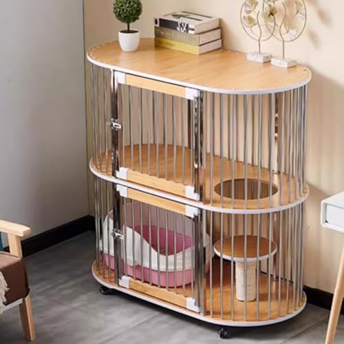 Katzenkäfig, Katzenkisten, geschlossener Katzenlaufstall, Catio-Katzengehege for den Innenbereich auf Rädern mit Antikollisionsschloss for Kleintiere, (Natural,112x56x110cm) von ZQMKQCEK