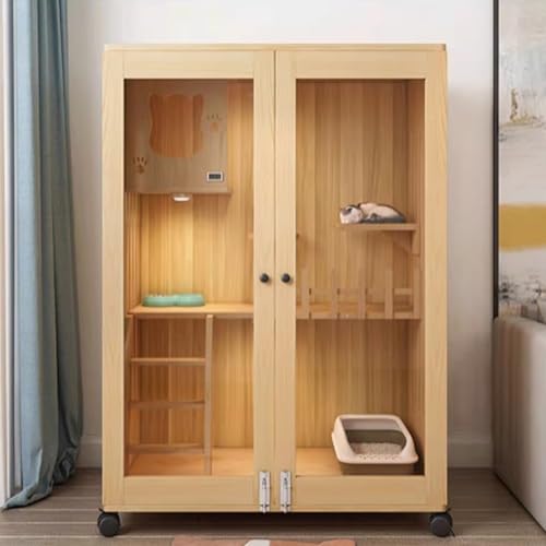 Katzenkäfig Holz, Geschlossener Katzenlaufstall, Katzenkisten for Hauskatzen, Katzengehege Indoor mit Rädern for Frettchen, Chinchilla, Kaninchen, Kleintiere(90x60x120cm) von ZQMKQCEK