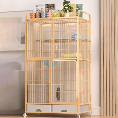 Katzenkäfige, Catio-Katzengehege for den Innenbereich, Katzenlaufstall mit Abdeckung, Katzenhaus, Katzenkiste mit Stauraum mit Rädern mit Antikollisionsschloss(Gold,83x59x156cm) von ZQMKQCEK