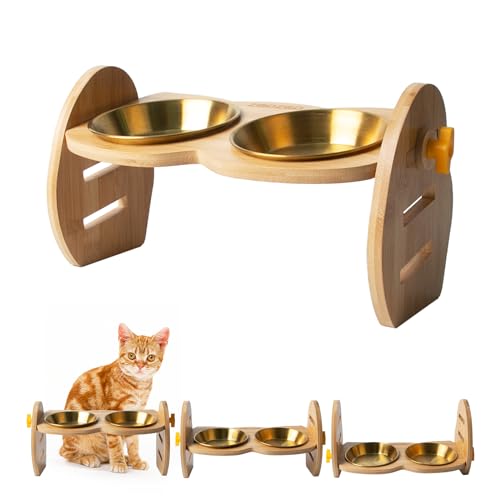 ZQOZQO Erhöhter Katzennäpfe Ständer für kleine Katzen Hunde, 15° geneigter erhöhter Katzennapf mit zwei Edelstahlnäpfen, natürlicher Bambus-Katzennäpfe Ständer von ZQOZQO