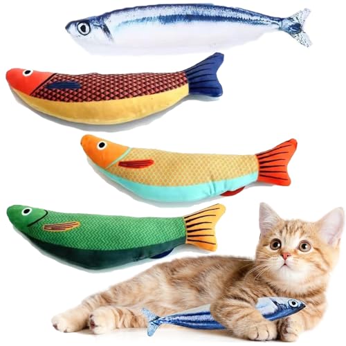 ZQSFPK 4 Katzenspielzeug in Fischform, Katzenminze-Spielzeug, Katzenkauspielzeug, Plüsch-Cartoon-Katzenspielzeug, weiches Katzenspielzeug, das Menschen umarmt, tritt und beißt von ZQSFPK