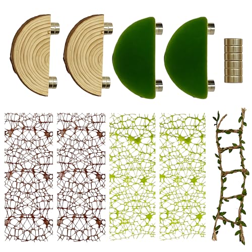 Multifunktionales Springspinnen-Lebensraum-Dekor-Set, 4 Holzleisten, 4 Spinnenkletternetz und 1 Hanfseilbrücke, lustiges Gehege Zubehör zum Klettern und Verstecken von ZREVSB