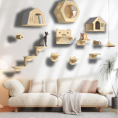 ZSXZCBDQ Katzen Kletterwand Set, Katzen Wandregale, 5 Verschiedene Wandmöbel-Sets, mit Sprungbrettern, Nest, Wandstufen, Brückenleiter und Kratzbaum(11pcs) von ZSXZCBDQ