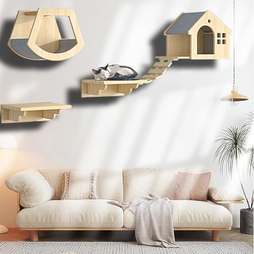 ZSXZCBDQ Katzen Kletterwand Set, Katzen Wandregale, 5 Verschiedene Wandmöbel-Sets, mit Sprungbrettern, Nest, Wandstufen, Brückenleiter und Kratzbaum(4pcs) von ZSXZCBDQ