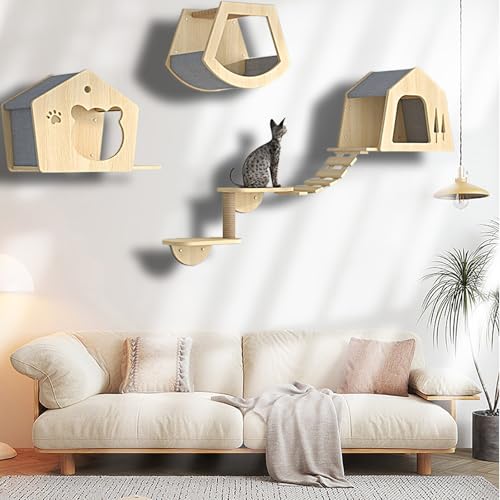 ZSXZCBDQ Katzen Kletterwand Set, Katzen Wandregale, 5 Verschiedene Wandmöbel-Sets, mit Sprungbrettern, Nest, Wandstufen, Brückenleiter und Kratzbaum(5pcs) von ZSXZCBDQ
