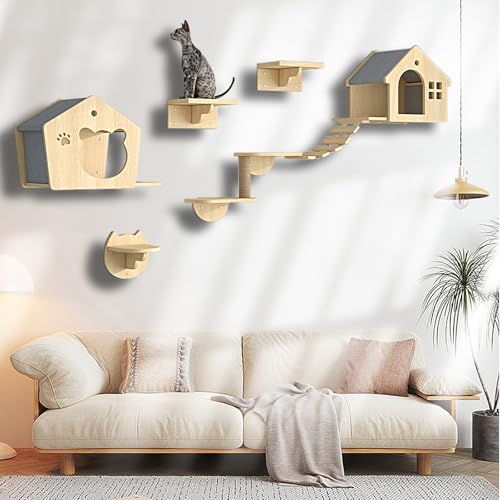 ZSXZCBDQ Katzen Kletterwand Set, Katzen Wandregale, 5 Verschiedene Wandmöbel-Sets, mit Sprungbrettern, Nest, Wandstufen, Brückenleiter und Kratzbaum(7pcs) von ZSXZCBDQ