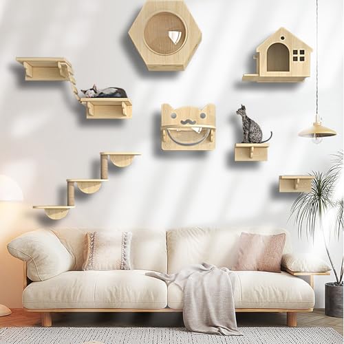 ZSXZCBDQ Katzen Kletterwand Set, Katzen Wandregale, 5 Verschiedene Wandmöbel-Sets, mit Sprungbrettern, Nest, Wandstufen, Brückenleiter und Kratzbaum(9pcs) von ZSXZCBDQ