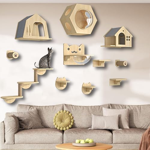 ZSXZCBDQ Katzen Kletterwand Set, Natural Paradise, Wand-Katzenregal für Mehrkatzenhäuser – Massivholz Kiefer, 10 Kg Tragkraft, 5 Platzsparende Pakete(11pcs) von ZSXZCBDQ