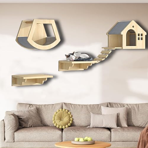 ZSXZCBDQ Katzen Kletterwand Set, Natural Paradise, Wand-Katzenregal für Mehrkatzenhäuser – Massivholz Kiefer, 10 Kg Tragkraft, 5 Platzsparende Pakete(4pcs) von ZSXZCBDQ