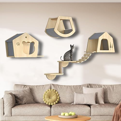 ZSXZCBDQ Katzen Kletterwand Set, Natural Paradise, Wand-Katzenregal für Mehrkatzenhäuser – Massivholz Kiefer, 10 Kg Tragkraft, 5 Platzsparende Pakete(5pcs) von ZSXZCBDQ