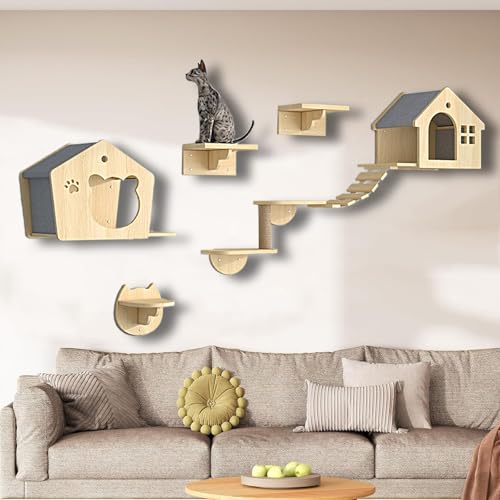ZSXZCBDQ Katzen Kletterwand Set, Natural Paradise, Wand-Katzenregal für Mehrkatzenhäuser – Massivholz Kiefer, 10 Kg Tragkraft, 5 Platzsparende Pakete(7pcs) von ZSXZCBDQ