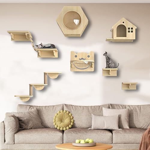 ZSXZCBDQ Katzen Kletterwand Set, Natural Paradise, Wand-Katzenregal für Mehrkatzenhäuser – Massivholz Kiefer, 10 Kg Tragkraft, 5 Platzsparende Pakete(9pcs) von ZSXZCBDQ