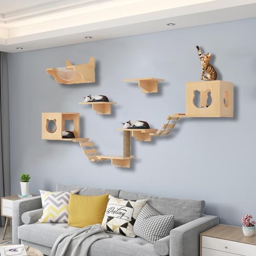 ZSXZCBDQ Katzen Wandregale, Katzen Kletterwand Set, Massivholz-Kletterregal, Sisal-Kratzsäulen, Stabile Regale zum Schlafen, Spielen und Klettern(10pcs) von ZSXZCBDQ