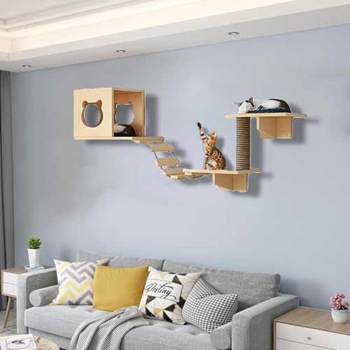 ZSXZCBDQ Katzen Wandregale, Katzen Kletterwand Set, Massivholz-Kletterregal, Sisal-Kratzsäulen, Stabile Regale zum Schlafen, Spielen und Klettern(5pcs) von ZSXZCBDQ