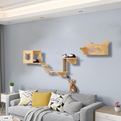 ZSXZCBDQ Katzen Wandregale, Katzen Kletterwand Set, Massivholz-Kletterregal, Sisal-Kratzsäulen, Stabile Regale zum Schlafen, Spielen und Klettern(6pcs) von ZSXZCBDQ
