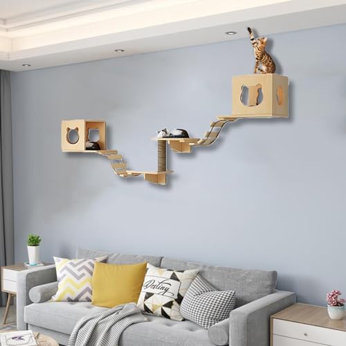 ZSXZCBDQ Katzen Wandregale, Katzen Kletterwand Set, Massivholz-Kletterregal, Sisal-Kratzsäulen, Stabile Regale zum Schlafen, Spielen und Klettern(7pcs) von ZSXZCBDQ