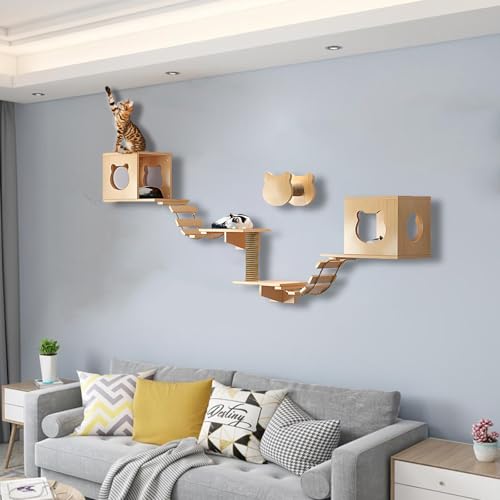 ZSXZCBDQ Katzen Wandregale, Katzen Kletterwand Set, Massivholz-Kletterregal, Sisal-Kratzsäulen, Stabile Regale zum Schlafen, Spielen und Klettern(8pcs) von ZSXZCBDQ