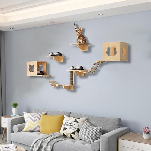 ZSXZCBDQ Katzen Wandregale, Katzen Kletterwand Set, Massivholz-Kletterregal, Sisal-Kratzsäulen, Stabile Regale zum Schlafen, Spielen und Klettern(9pcs) von ZSXZCBDQ