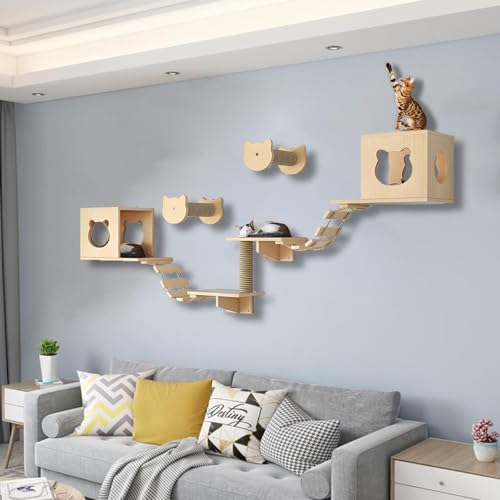 ZSXZCBDQ Katzen Wandregale, Katzen Kletterwand Set, Massivholz-Kletterregal, Sisal-Kratzsäulen, Stabile Regale zum Schlafen, Spielen und Klettern(9pcs1) von ZSXZCBDQ