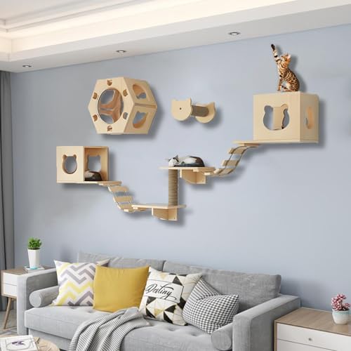 ZSXZCBDQ Katzen Wandregale, Katzen Kletterwand Set, Massivholz-Kletterregal, Sisal-Kratzsäulen, Stabile Regale zum Schlafen, Spielen und Klettern(9pcs2) von ZSXZCBDQ
