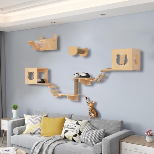 ZSXZCBDQ Katzen Wandregale, Katzen Kletterwand Set, Massivholz-Kletterregal, Sisal-Kratzsäulen, Stabile Regale zum Schlafen, Spielen und Klettern(9pcs3) von ZSXZCBDQ