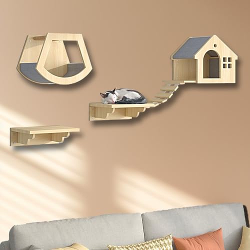 ZSXZCBDQ Katzenhängematte, Katzenkletterwand Set, mit Haus, Treppe, Kratzbaum – Kletterregal aus Naturholz für Hauskatzen(4pcs) von ZSXZCBDQ