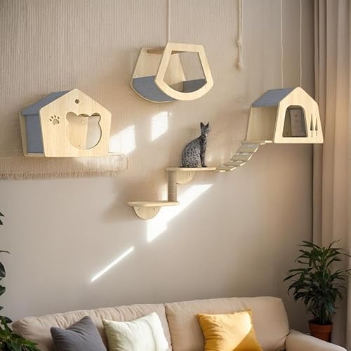 ZSXZCBDQ Katzenhängematte, Katzenkletterwand Set, mit Haus, Treppe, Kratzbaum – Kletterregal aus Naturholz für Hauskatzen(5pcs) von ZSXZCBDQ