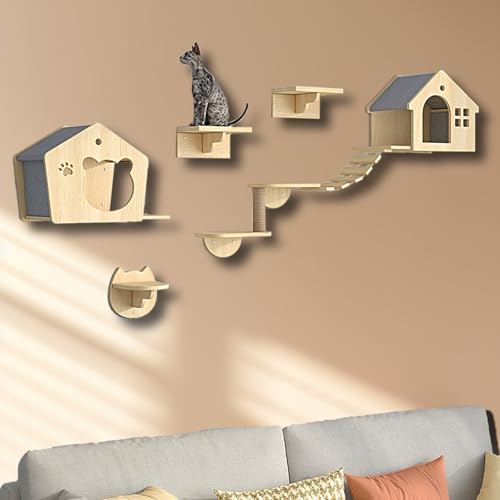 ZSXZCBDQ Katzenhängematte, Katzenkletterwand Set, mit Haus, Treppe, Kratzbaum – Kletterregal aus Naturholz für Hauskatzen(7pcs) von ZSXZCBDQ