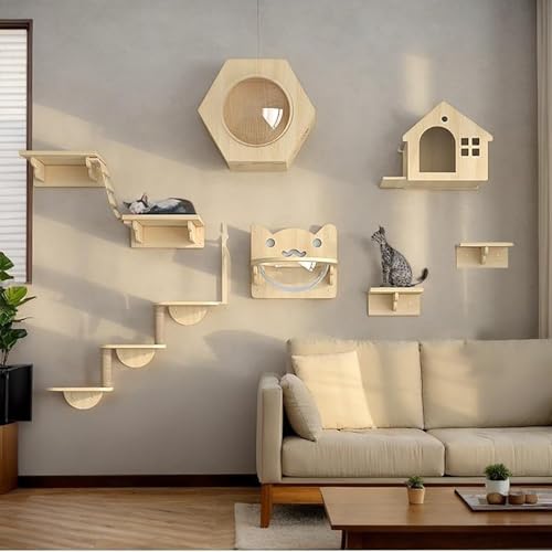 ZSXZCBDQ Katzenhängematte, Katzenkletterwand Set, mit Haus, Treppe, Kratzbaum – Kletterregal aus Naturholz für Hauskatzen(9pcs) von ZSXZCBDQ
