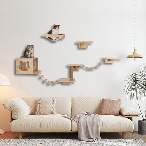 ZSXZCBDQ Katzenkletterwand Set, Hängematte, 4 Sitzstangen, Sisalstämmen und 2 Leitern – Mehrere Regale für EIN Indoor-Aktivitätscenter an der Wand von ZSXZCBDQ
