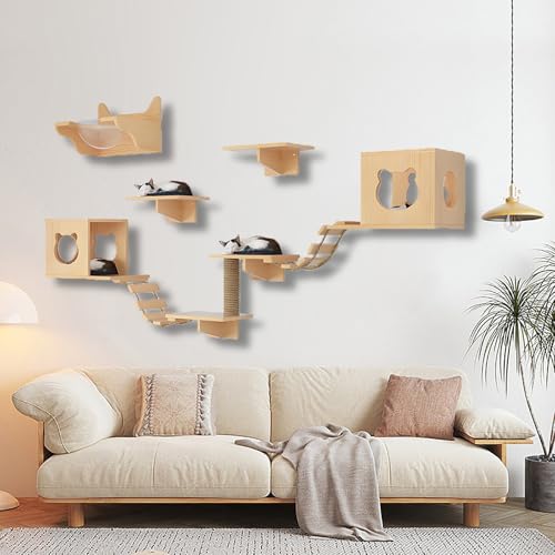 ZSXZCBDQ Katzenkletterwand Set, Katzen-Wandregale aus Holz, Katzenregale und Sitzstangen, Spielplatz-Set mit Katzentreppe für Die Wandmontage im Katzenhaus(10pcs) von ZSXZCBDQ