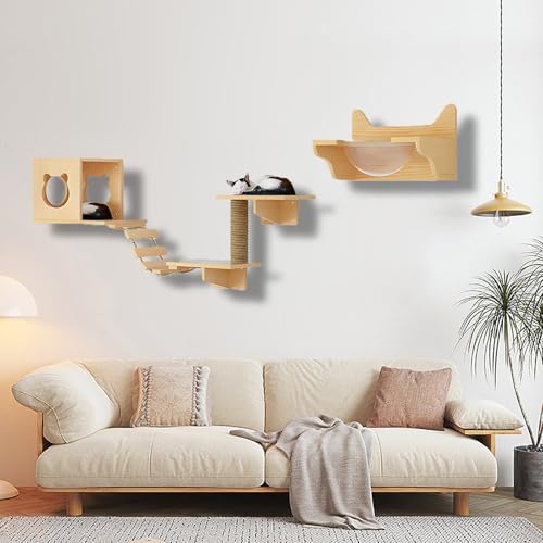 ZSXZCBDQ Katzenkletterwand Set, Katzen-Wandregale aus Holz, Katzenregale und Sitzstangen, Spielplatz-Set mit Katzentreppe für Die Wandmontage im Katzenhaus(6pcs) von ZSXZCBDQ