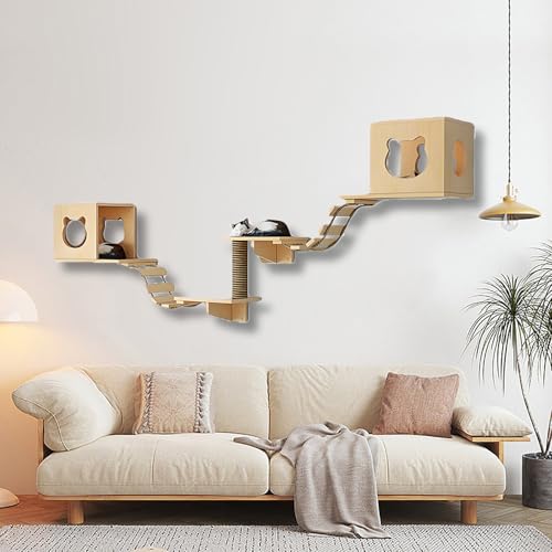 ZSXZCBDQ Katzenkletterwand Set, Katzen-Wandregale aus Holz, Katzenregale und Sitzstangen, Spielplatz-Set mit Katzentreppe für Die Wandmontage im Katzenhaus(7pcs) von ZSXZCBDQ