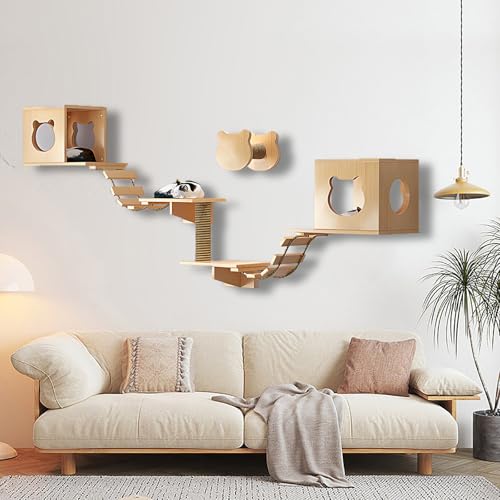 ZSXZCBDQ Katzenkletterwand Set, Katzen-Wandregale aus Holz, Katzenregale und Sitzstangen, Spielplatz-Set mit Katzentreppe für Die Wandmontage im Katzenhaus(8pcs) von ZSXZCBDQ