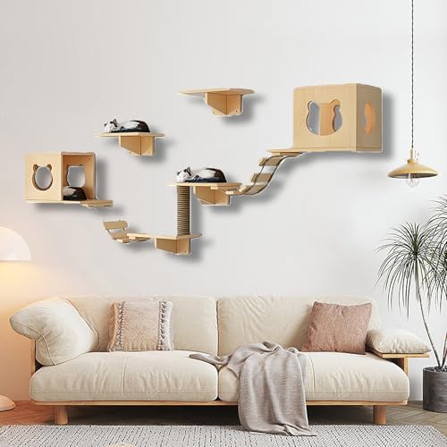 ZSXZCBDQ Katzenkletterwand Set, Katzen-Wandregale aus Holz, Katzenregale und Sitzstangen, Spielplatz-Set mit Katzentreppe für Die Wandmontage im Katzenhaus(9pcs) von ZSXZCBDQ