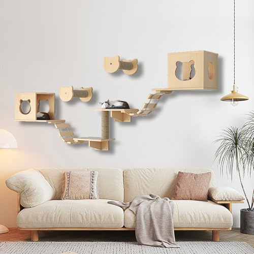 ZSXZCBDQ Katzenkletterwand Set, Katzen-Wandregale aus Holz, Katzenregale und Sitzstangen, Spielplatz-Set mit Katzentreppe für Die Wandmontage im Katzenhaus(9pcs1) von ZSXZCBDQ