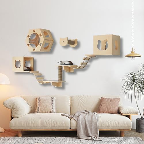 ZSXZCBDQ Katzenkletterwand Set, Katzen-Wandregale aus Holz, Katzenregale und Sitzstangen, Spielplatz-Set mit Katzentreppe für Die Wandmontage im Katzenhaus(9pcs2) von ZSXZCBDQ