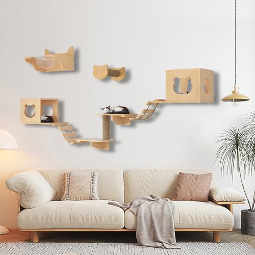 ZSXZCBDQ Katzenkletterwand Set, Katzen-Wandregale aus Holz, Katzenregale und Sitzstangen, Spielplatz-Set mit Katzentreppe für Die Wandmontage im Katzenhaus(9pcs3) von ZSXZCBDQ