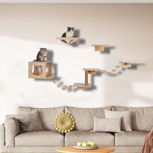 ZSXZCBDQ Katzenkletterwand Set, Katzenregale für Die Wand mit 1 Gemütlichen Bett, Hängematte, 2 Stabilen Leitern, 4 Plattformen und Sisalstamm von ZSXZCBDQ