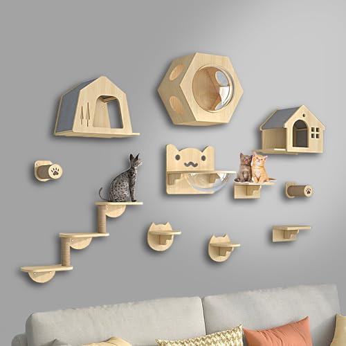 ZSXZCBDQ Katzenkletterwand Set, Katzentreppe Wand, Regale und Sitzstangen für Die Wand, Kletterregal, Spielplatz, Kratzbaum mit 3 Stufen, Indoor-Katzenhaus(11pcs) von ZSXZCBDQ